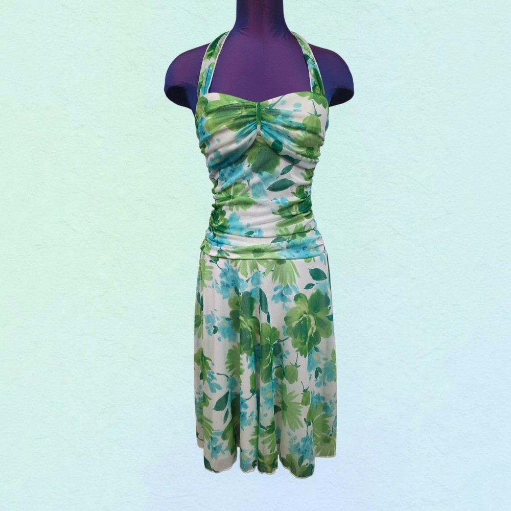 Y2K Speechless Floral Halter Dress Green Blue Ruched Sweetheart Neck Small